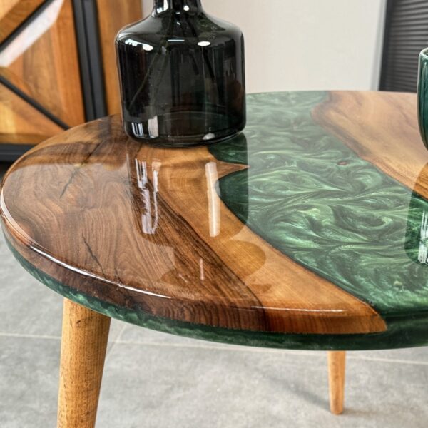Vergilia Live Edge Round Coffee Table – Green Resin Epoxy River Design - Image 2