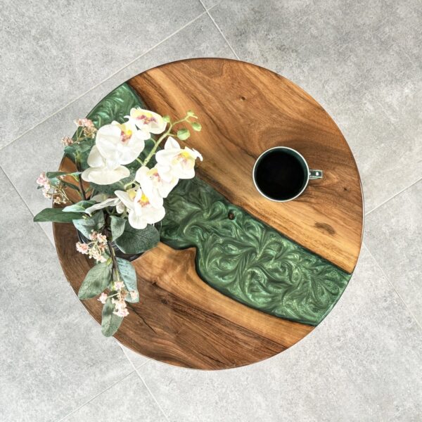 Vergilia Live Edge Round Coffee Table – Green Resin Epoxy River Design - Image 8