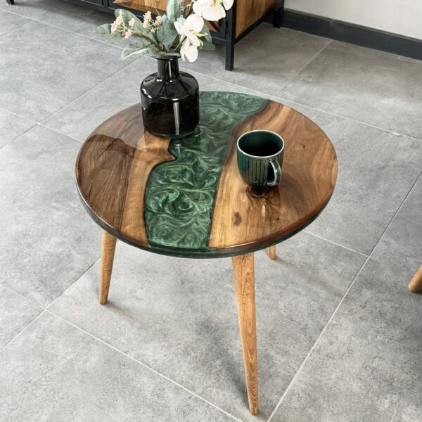 Vergilia Live Edge Round Coffee Table – Green Resin Epoxy River Design - Image 5
