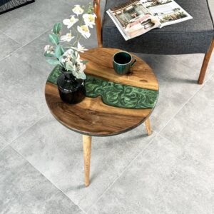 Vergilia Live Edge Round Coffee Table – Green Resin Epoxy River Design
