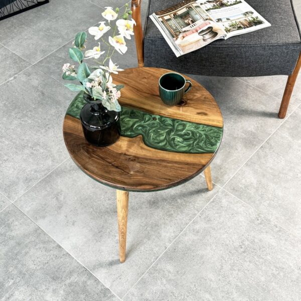 Vergilia Live Edge Round Coffee Table – Green Resin Epoxy River Design
