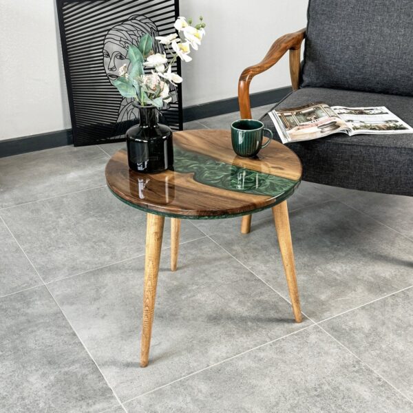 Vergilia Live Edge Round Coffee Table – Green Resin Epoxy River Design - Image 4