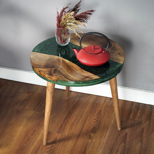 Vergilia Live Edge Round Coffee Table – Green Resin Epoxy River Design - Image 9