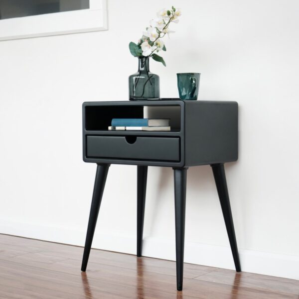 Vergilia Black Mid-Century Nightstand – Bedside Table with Drawer & Shelf - Image 9