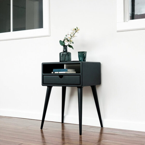 Vergilia Black Mid-Century Nightstand – Bedside Table with Drawer & Shelf - Image 8