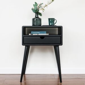 Vergilia Black Mid-Century Nightstand – Bedside Table with Drawer & Shelf