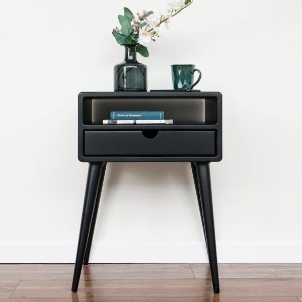 Vergilia Black Mid-Century Nightstand – Bedside Table with Drawer & Shelf