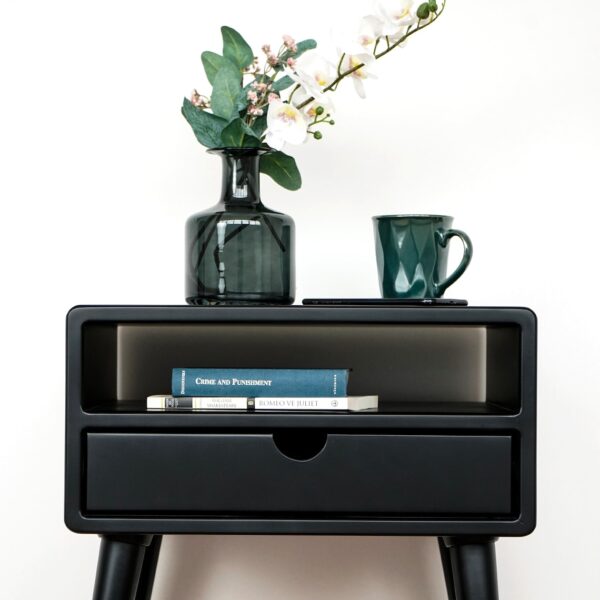 Vergilia Black Mid-Century Nightstand – Bedside Table with Drawer & Shelf - Image 7