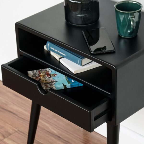Vergilia Black Mid-Century Nightstand – Bedside Table with Drawer & Shelf - Image 10