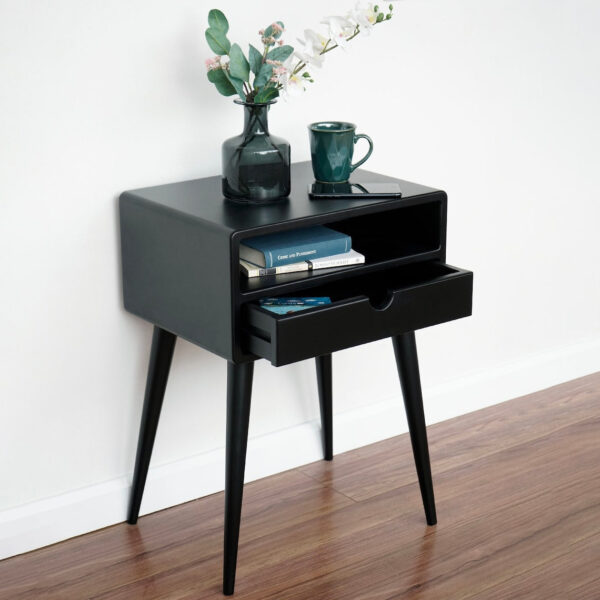 Vergilia Black Mid-Century Nightstand – Bedside Table with Drawer & Shelf - Image 6