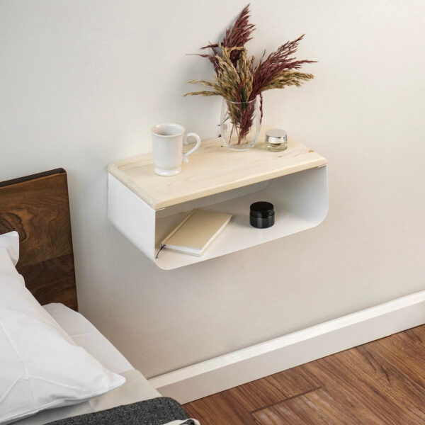 Vergilia White Floating Nightstand – Spruce Top & Metal Base
