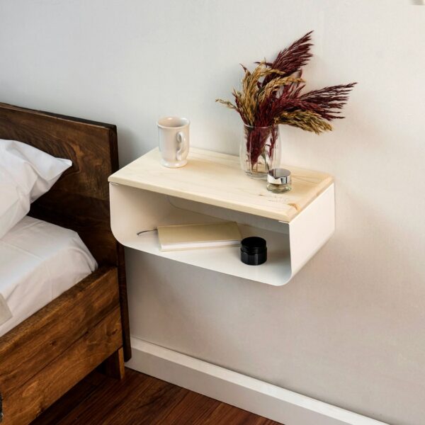 Vergilia White Floating Nightstand – Spruce Top & Metal Base - Image 8